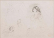 Deux croquis de femmes debout et cinq études de femmes, dont une, la plus poussée, est vue de trois quarts à gauche, les cheveux séparés par une raie médiane, de grosses boucles aux oreilles.